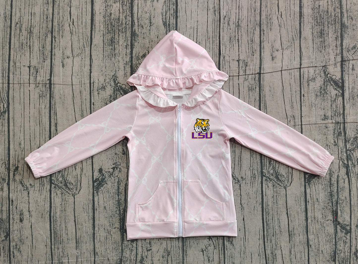 Custom moq 5 mix size milk silk baby girls clothes team summer lace bow pink zipper hooded long sleeve top-25.11.22