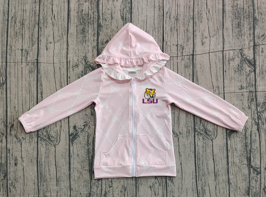 Custom moq 5 mix size milk silk baby girls clothes team summer lace bow pink zipper hooded long sleeve top-25.11.22