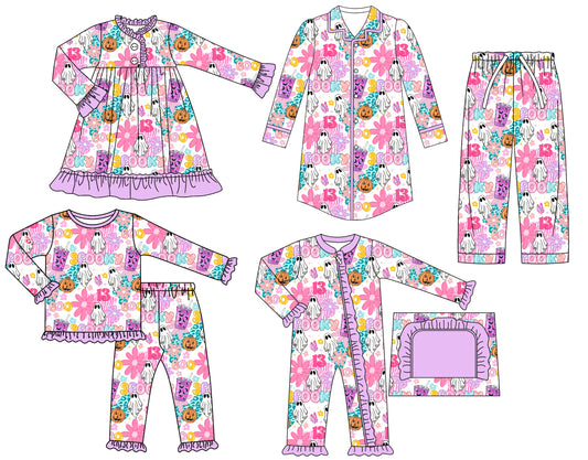 25.7.1 custom each style moq 5eta 4-6week Sibling Sisters BOO baby girl long sleeve pants sets and adult top and adult pants and romper and dress match family design