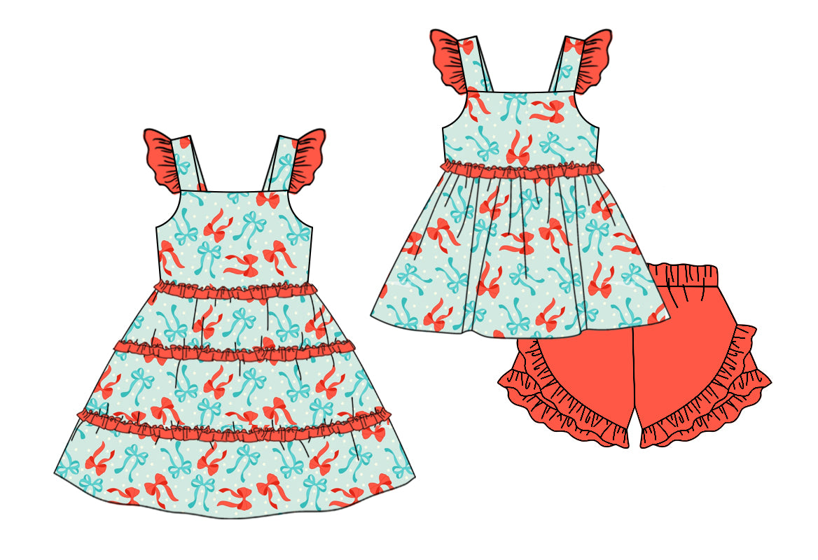 11.13 custom each style moq 5eta 4-6week Sibling Sister bow baby girl short sleeve shorts sets and dresses match design