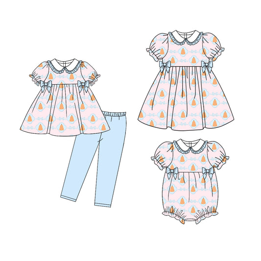 5.6 custom each style moq 5eta 4-6week Sibling Sisters pumpkin baby girl short sleeve pants sets and dress and rompers match family design