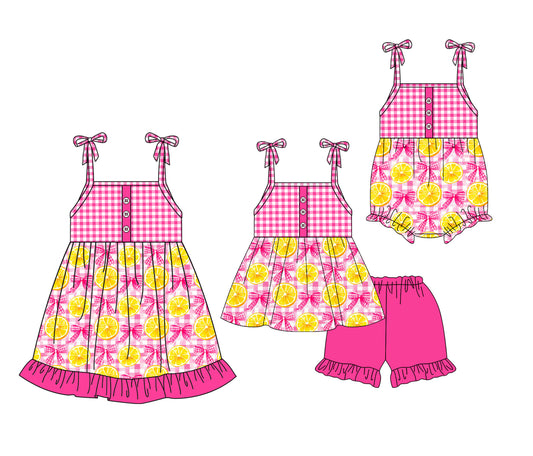 4.2 custom each style moq 5eta 4-6week Sibling Sisters bow baby girl short sleeve shorts sets and dress and rompers match family design