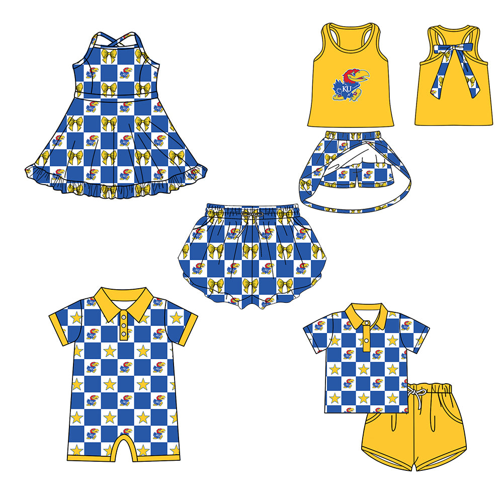 Custom moq 5 mix size milk silk summer teams Blue Checked Bows Baby Girl Sleeveless Top Skirt Short Set Dress And Shorts Yoga Outfit Boy's Top Shorts Set Romper