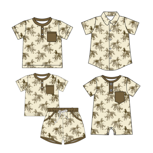 25.10.22 custom each style moq 5 eta 6-8 week Sibling Sister riding horse baby boy short sleeve shorts sets and boy rompers and top 2 match family design