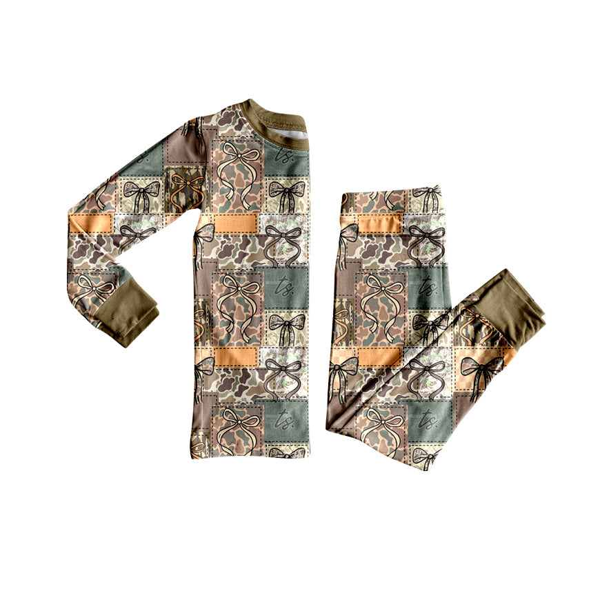 25.8.29 custom each style moq 5eta 4-6week Sibling Sisters camouflage bow baby girl long sleeve pants sets and dress and rompers match family design