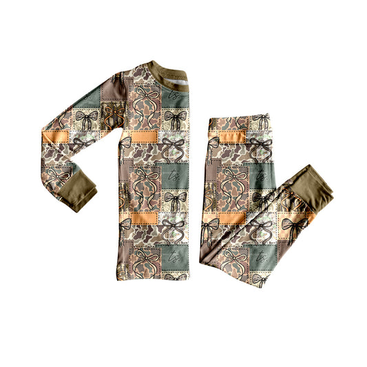 25.8.29 custom each style moq 5eta 4-6week Sibling Sisters camouflage bow baby girl long sleeve pants sets and dress and rompers match family design