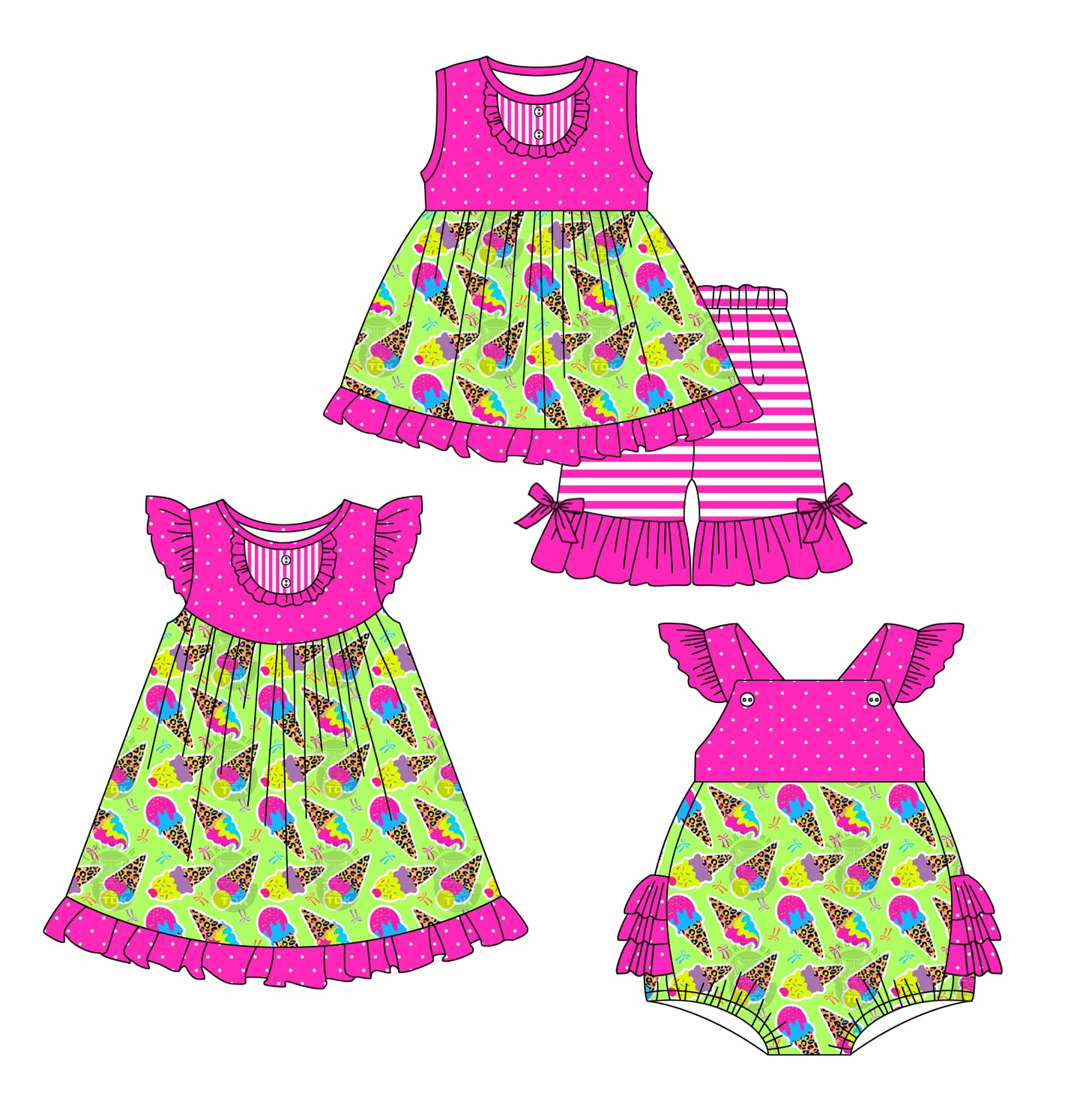 3.6 custom each style moq 5eta 4-6week Sibling Sisters baby girl short sleeve shorts sets and dress and rompers match family design