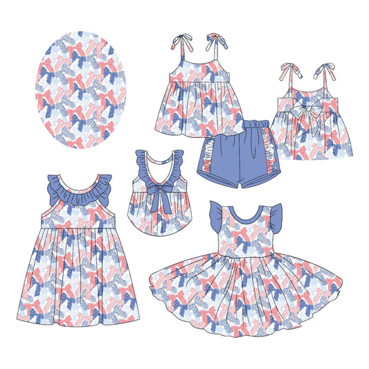 2.18 custom each style moq 5eta 4-6week Sibling Sister bow baby girl short sleeve shorts sets and dress and dress 2 match design