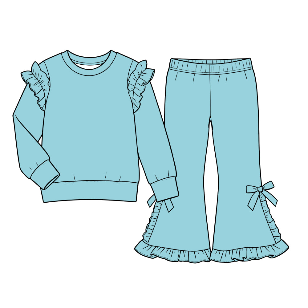 Custom moq 5  cotton fabric girls ruffle sets  solid color blank Light blue long-sleeved sweatshirt with lace trim and side-bow flared trousers set