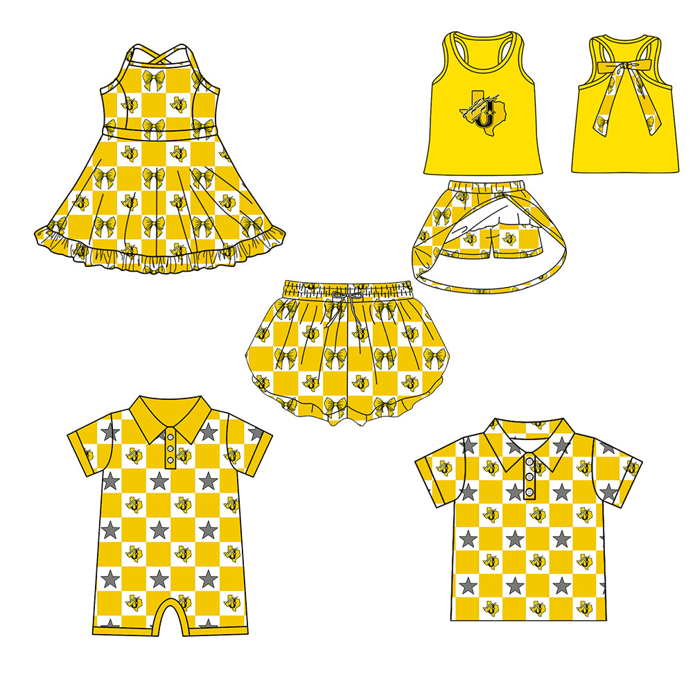 Custom moq 5 mix size milk silk summer teams Baby Girl Yellow Sleeveless Top Skirts Set Dress And Shorts Yoga Outfit Boy's Short-Sleeved Polo Shirt And Romper