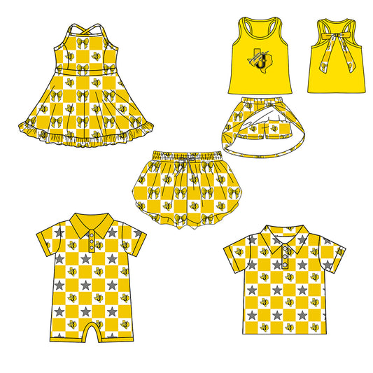 Custom moq 5 mix size milk silk summer teams Baby Girl Yellow Sleeveless Top Skirts Set Dress And Shorts Yoga Outfit Boy's Short-Sleeved Polo Shirt And Romper