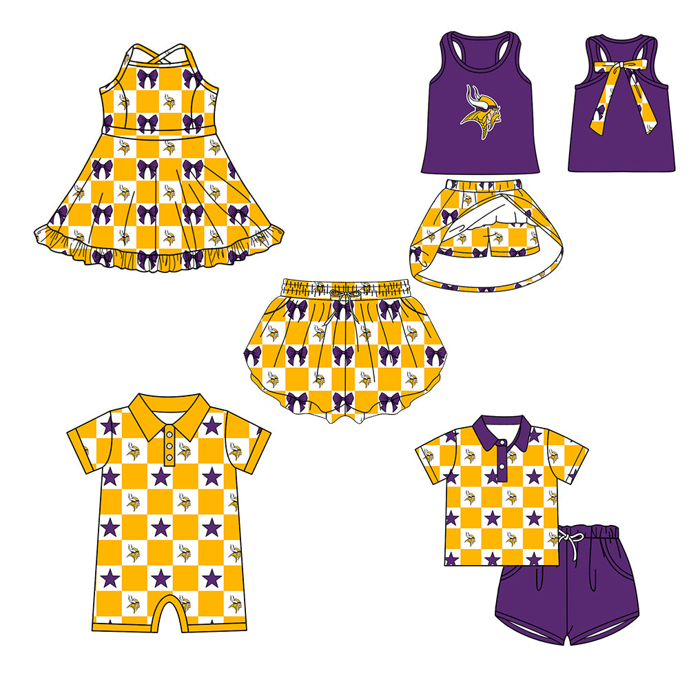 Custom moq 5 mix size milk silk summer teams Yellow Checked Baby Girl Purple Sleeveless Top Skirt Short Set Dress And Shorts Yoga Outfit Boy's Top Shorts Set Romper