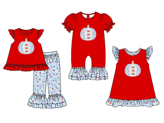 25.5.17 custom each style moq 5eta 4-6week Sibling Sisters pumpkin bow baby girl short sleeve pants sets and dress and rompers match family design