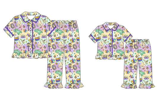 25.9.18 custom each style moq 5eta 4-6week Sibling Sister mardi gras bow baby short sleeve pants sets and adult sets match design