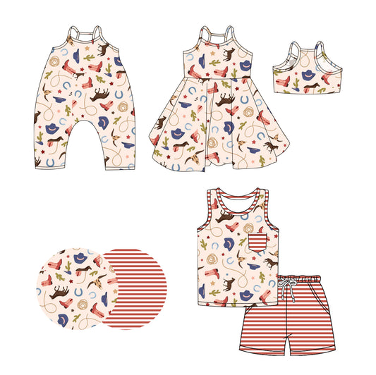 3.19 custom each style moq 5eta 4-6week Sibling Sisters boots cow head baby girl short sleeve shorts sets and dress and rompers match family design