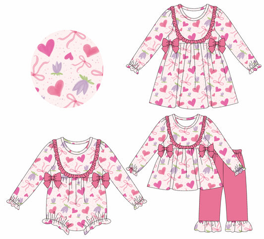 25.7.18 custom each style moq 5eta 4-6week Sibling Sisters bow love pink baby girl long sleeve pants sets and dress and rompers match family design