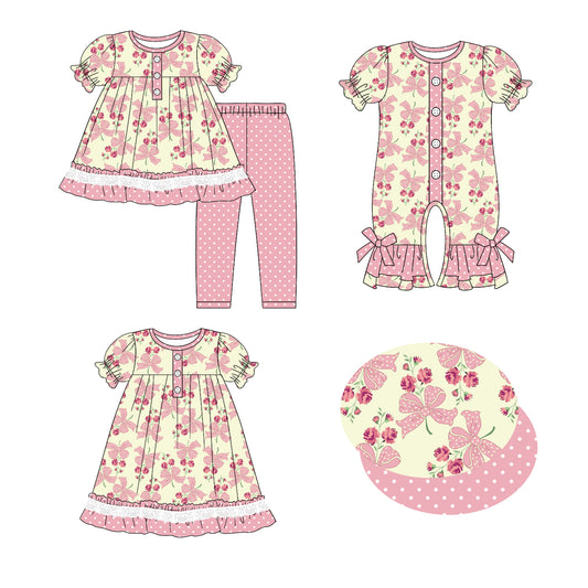 4.25 custom each style moq 5eta 4-6week Sibling Sisters bow floral baby girl short sleeve pants sets and dress and rompers match family design