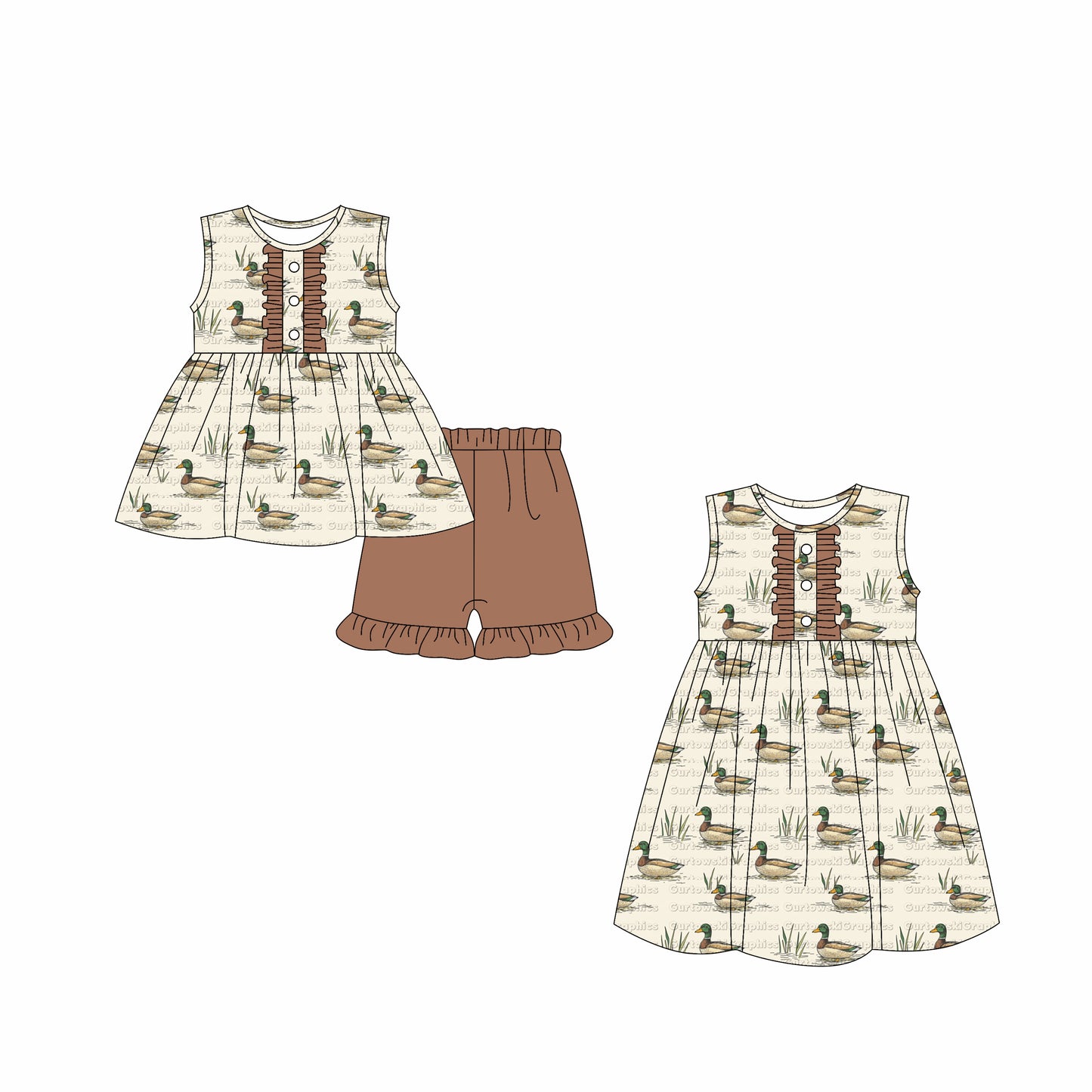 3.4 custom each style moq 5eta 4-6week Sibling Sister duck baby girl short sleeve shorts sets and dresses match design