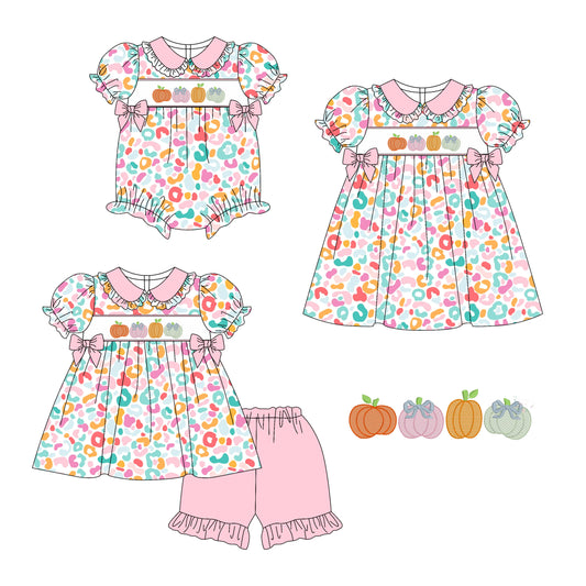 25.5.25 custom each style moq 5eta 4-6week Sibling Sisters pumpkin leopard baby girl short sleeve shorts sets and dress and rompers match family design
