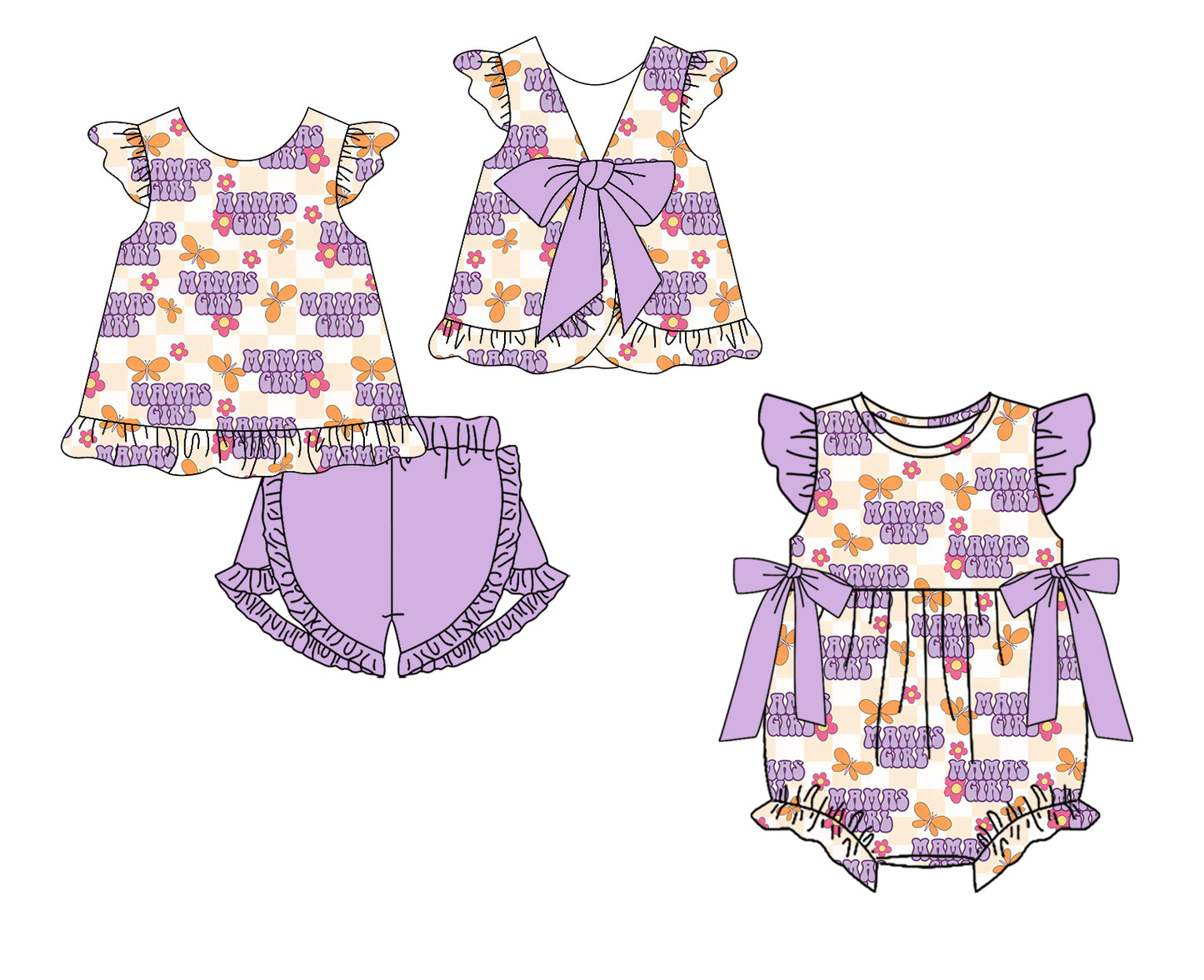 Custom moq 5 mix size Sibling Baby Girls Purple Floral Print Romper Mama's Girl Set Short Sleeved Top And Shorts Outfit for Infants