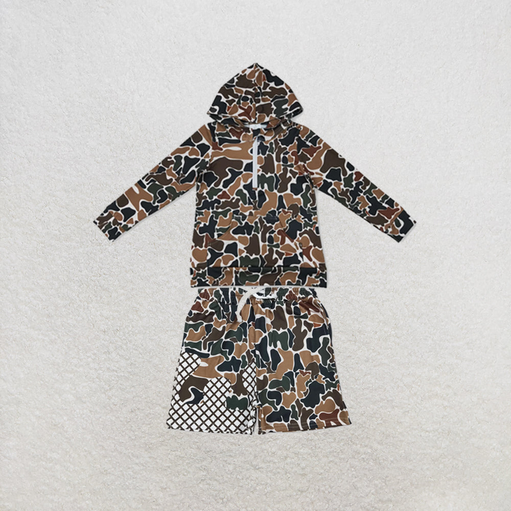 RTS NO MOQ Sibling milk silk Baby Boys Brown Camo Printed Hoodie Top Pocket Short Clothes Set Daily Outfit