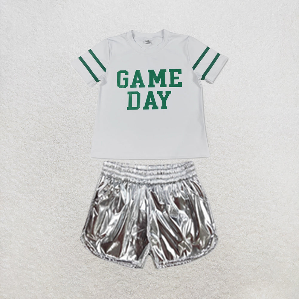 RTS NO MOQ Sibling yoga fabric Baby Girls Vinyl Green Game Day Print Top Matching Shorts Two Piece Team Active Clothes Set