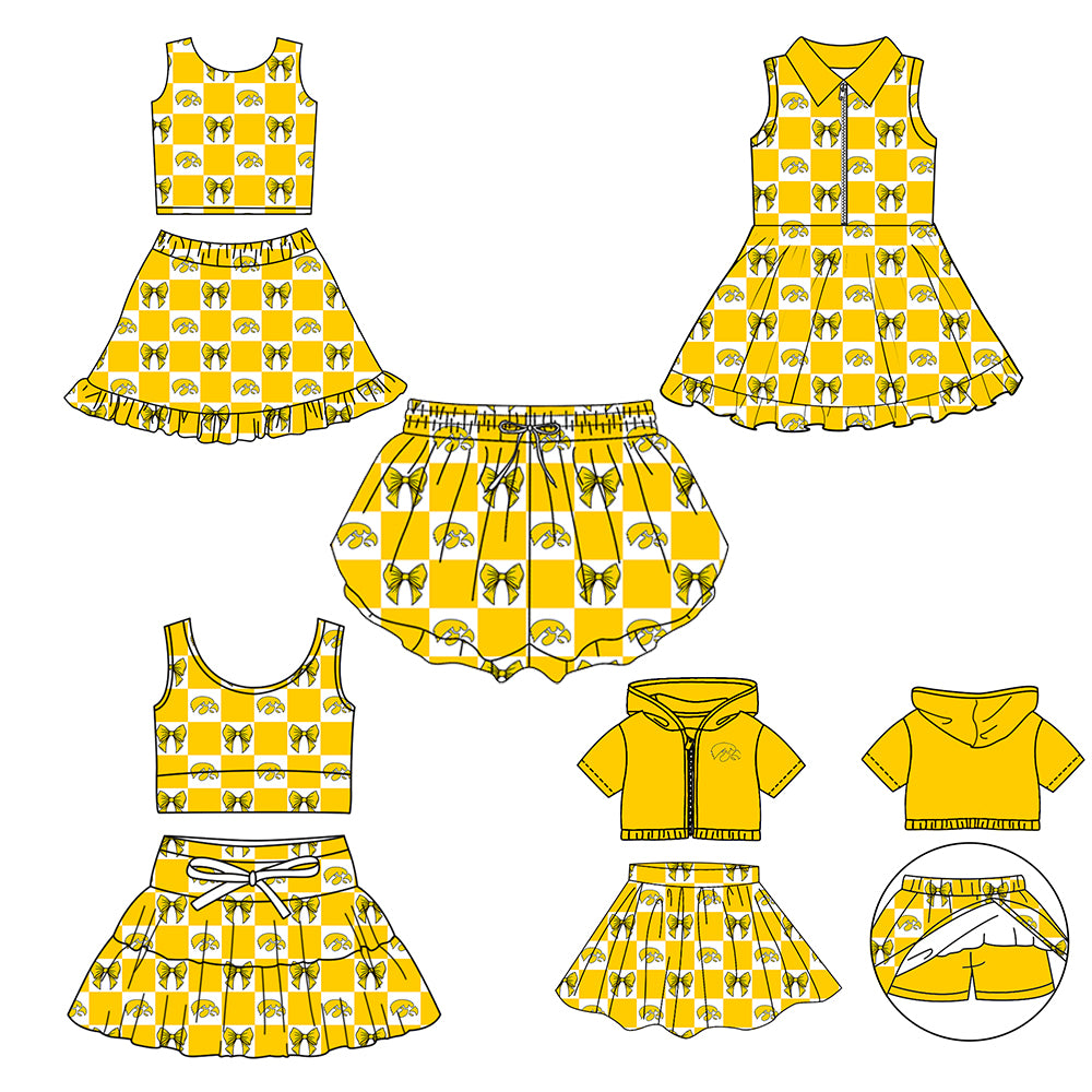 Custom moq 3 or 5 mix size milk silk summer teams baby girl clothes yellow sleeveless skirts sets 3 and dresss and shorts-26.1.21