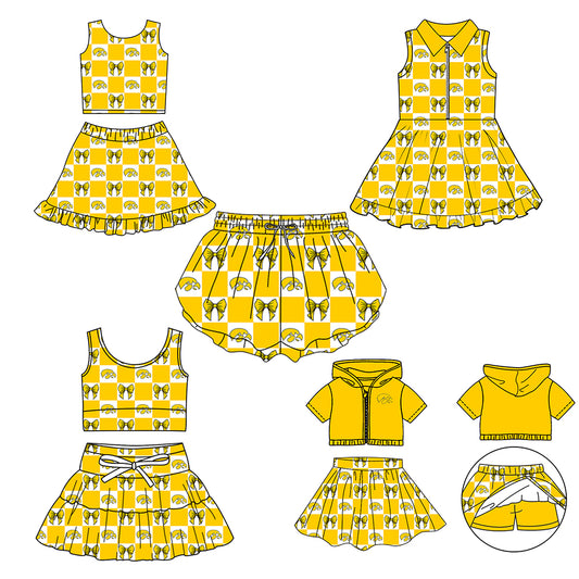 Custom moq 3 or 5 mix size milk silk summer teams baby girl clothes yellow sleeveless skirts sets 3 and dresss and shorts-26.1.21