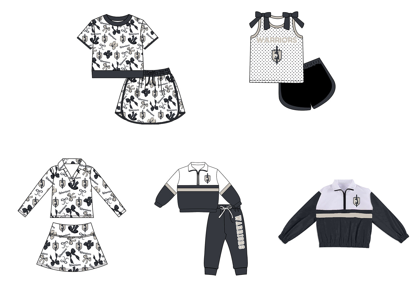 Custom moq 5 mix size milk silk summer teams Girls Black Polka Dot Top Shorts Set Top Skirt Short Set Zipper Pullover Pants Set