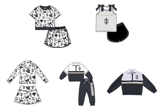Custom moq 5 mix size milk silk summer teams Girls Black Polka Dot Top Shorts Set Top Skirt Short Set Zipper Pullover Pants Set