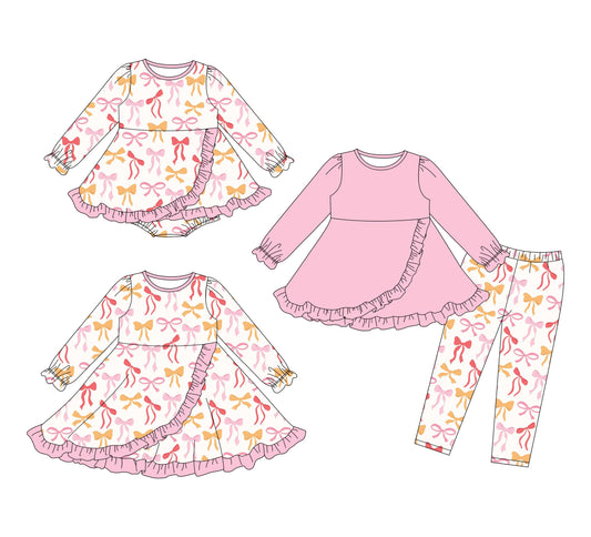 25.11.12 custom each style moq 5 eta 6-8week Sibling Sisters bow pink baby girl long sleeve pants sets and dress and rompers match family design