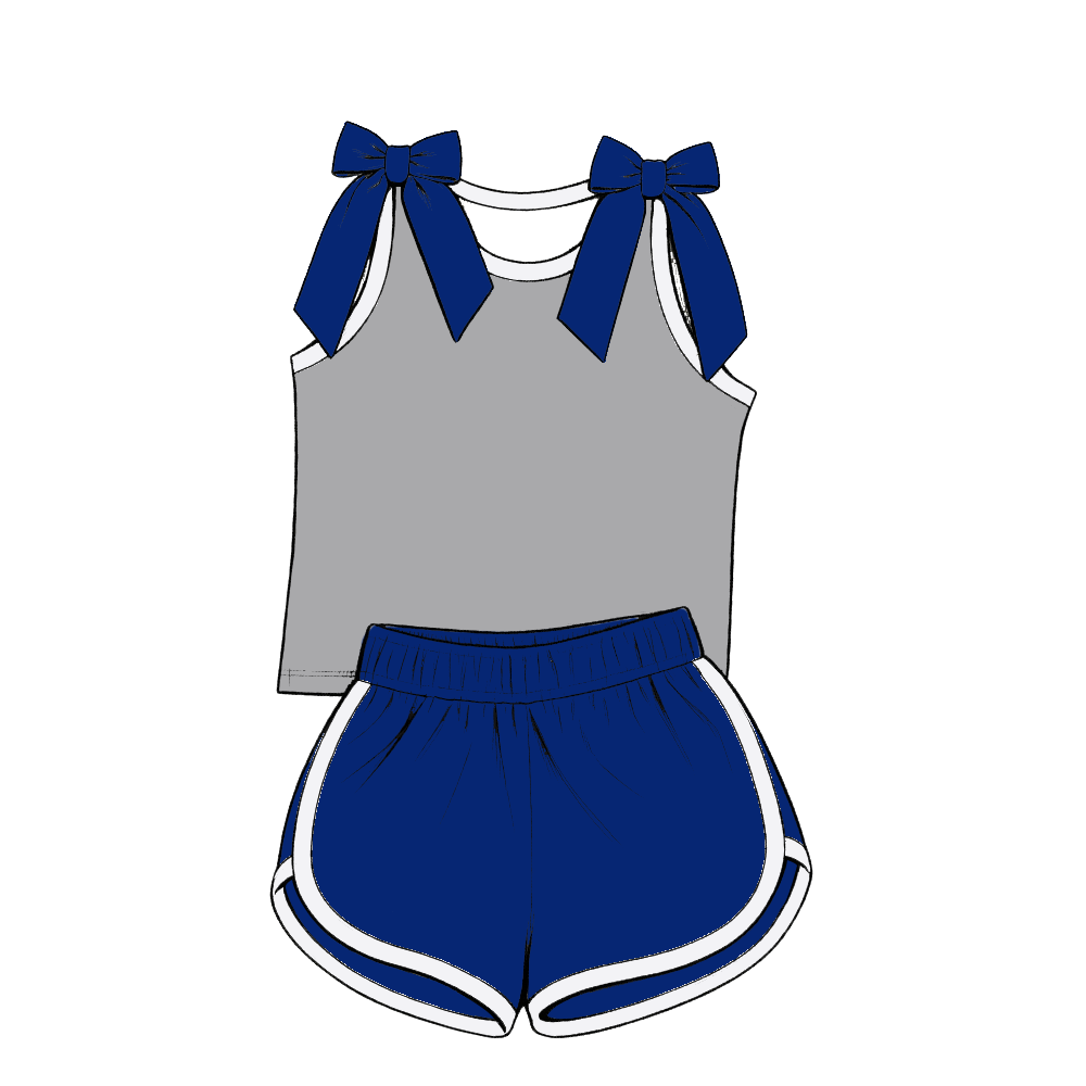 custom moq 5 mix size Baby Girls Blue Bow Sleeveless Top Shorts Summer Casual Clothes Set