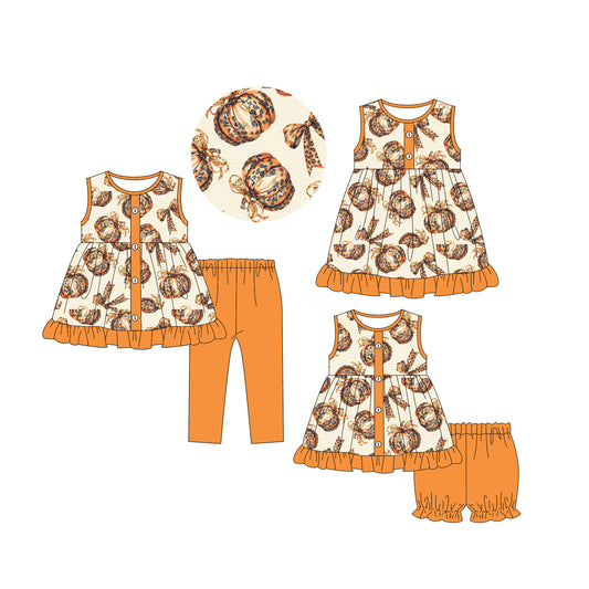 25.5.26 custom each style moq 5eta 4-6week Sibling Sisters pumpkin bow baby girl short sleeve shorts sets 1 and pants sets and dress match family design