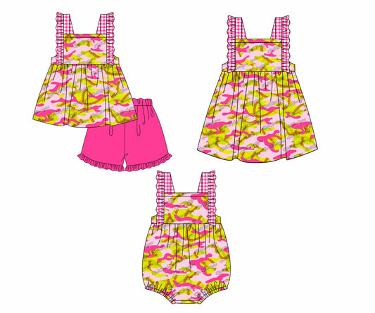 12.12 custom each style moq 5eta 4-6week Sibling Sister baseball baby girl short sleeve shorts sets and dress and rompers match family design