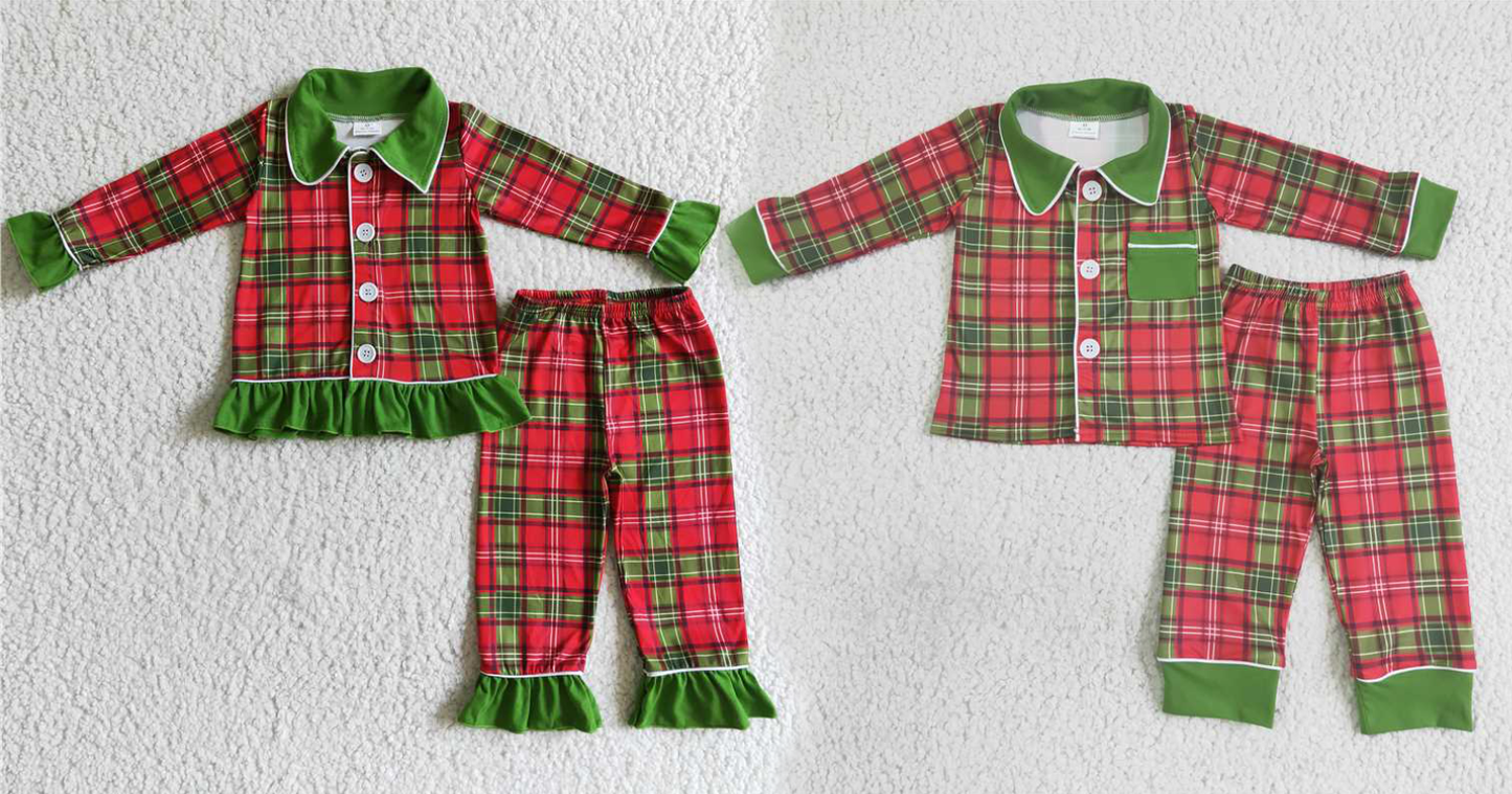 Baby Girls boys Christmas style red and green plaid Family siblings set