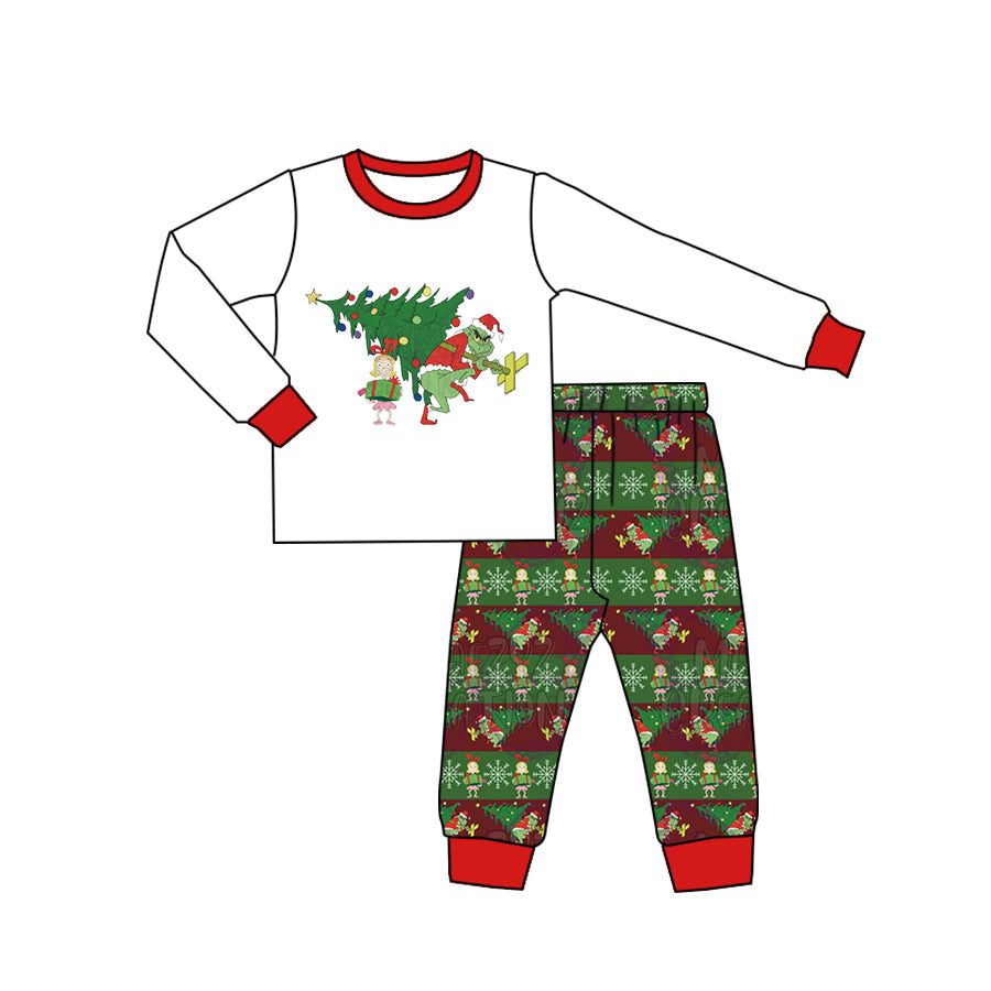 7.10 custom each style moq 5eta 4-6week Christmas trees white long sleeve pants baby boys sets
