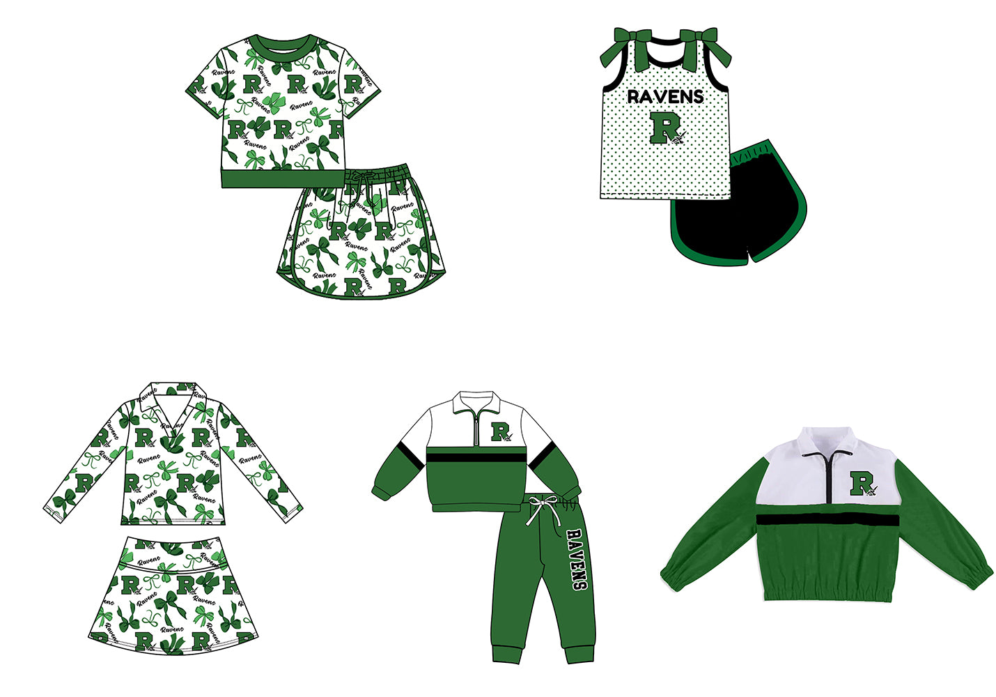Custom moq 5 mix size summer teams Girls Green Polka Dot Top Shorts Set Top Skirt Short Set Zipper Pullover Pants Set