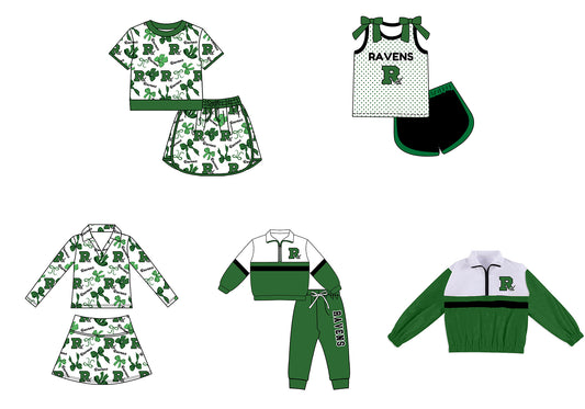 Custom moq 5 mix size summer teams Girls Green Polka Dot Top Shorts Set Top Skirt Short Set Zipper Pullover Pants Set