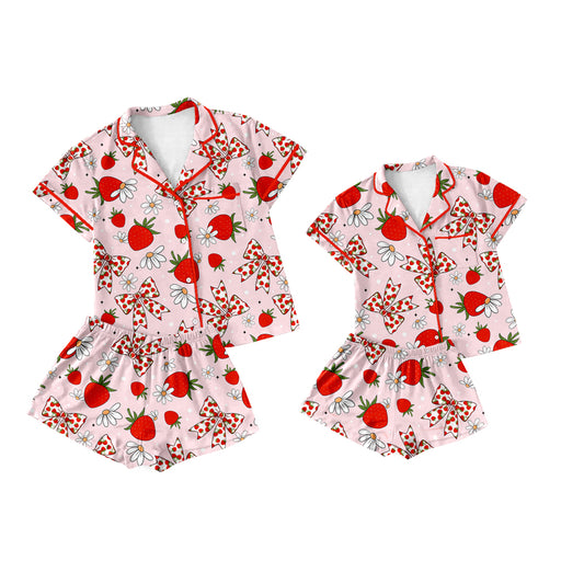 3.21 custom each style moq 5eta 4-6week Sibling Sister bow strawberry floral short sleeve shorts sets and adult sets match design
