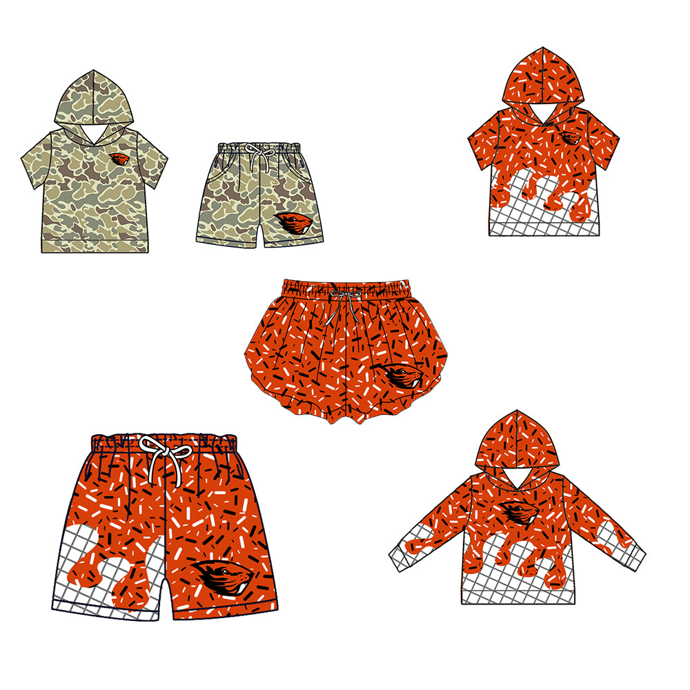 Custom moq 5 mix size milk silk summer teams Camo Hooded Short Sleeve Top Shorts Set Orange-Red Ice Cream Drips Hooded Top with Matching Shorts For Baby