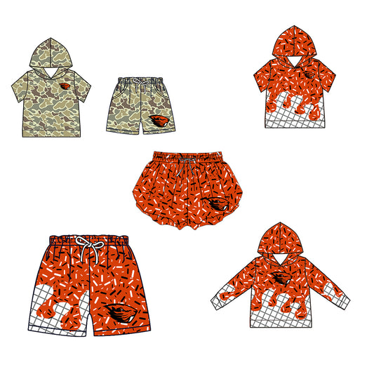 Custom moq 5 mix size milk silk summer teams Camo Hooded Short Sleeve Top Shorts Set Orange-Red Ice Cream Drips Hooded Top with Matching Shorts For Baby