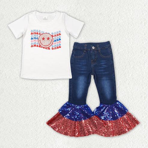 RTS NO MOQ Sibling Baby Girls 4th of July Outfit Set Top with Denim Bell Bottom Pants Clothing for Infants