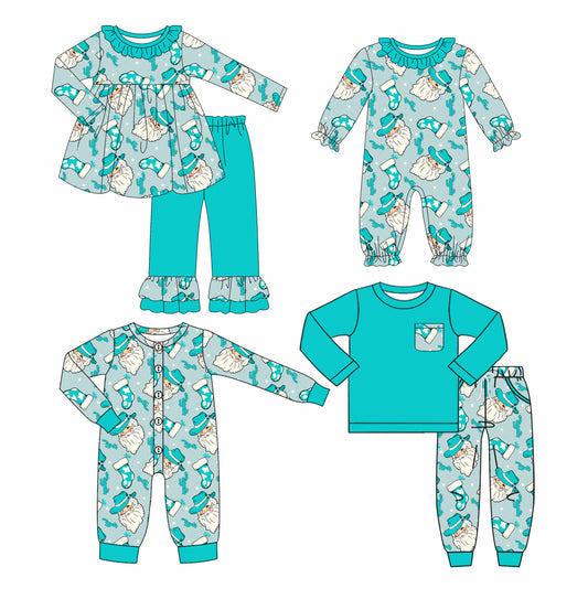 25.6.11 custom each style moq 5eta 4-6week Sibling Sisters Christmas teal baby girl long sleeve pants sets 1 and sets 2 and romper 1 and romper 2 match family design