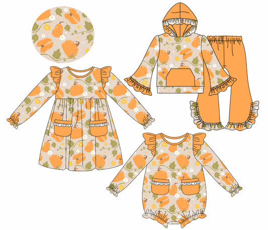 25.7.23 custom each style moq 5eta 4-6week Sibling Sisters pumpkin baby girl long sleeve pants sets and dress and rompers match family design