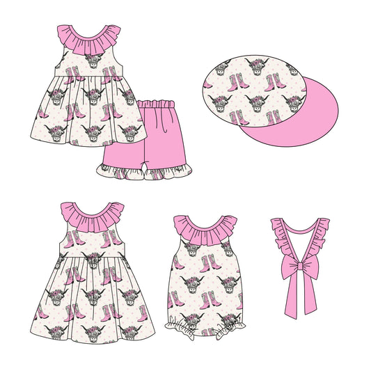 12.28 custom each style moq 5eta 4-6week Sibling Sister cow head boots baby girl short sleeve shorts sets and dress and rompers match family design