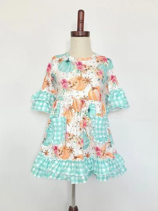 5.20custom each style moq 5eta 4-5week pumpkin print green-white plaid white girls dress
