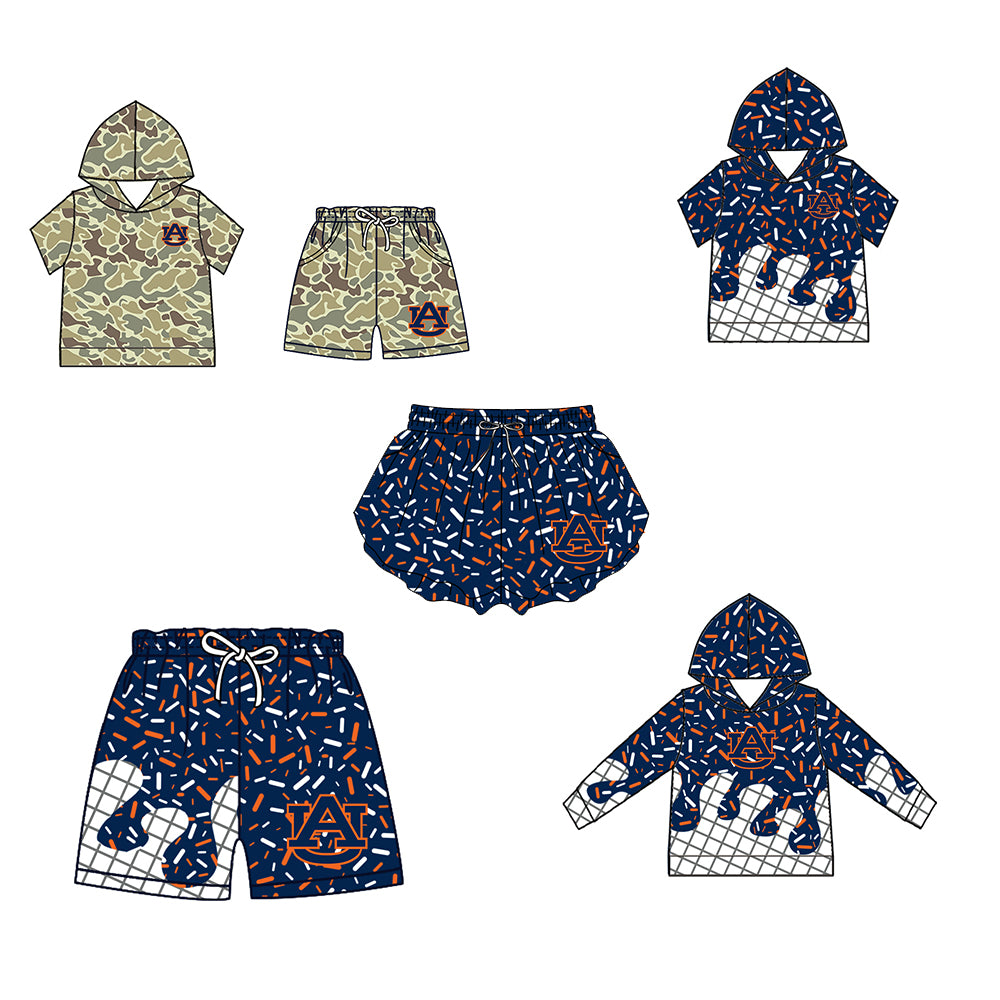 Custom moq 5 mix size milk silk summer teams Baby Camo Hooded Short Sleeve Top and Shorts Set Ice Cream Drips Navy Blue Hooded Top with Matching Shorts