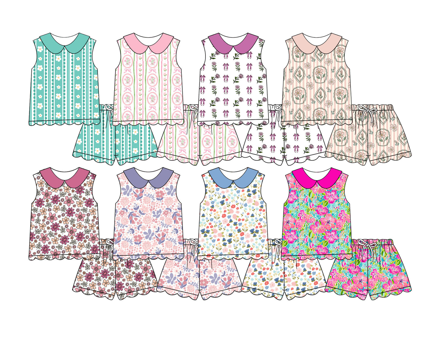 Custom moq 5 mix size Sibling Baby Girls Printed sleeveless Top And Shorts Comfortable for Little Ones