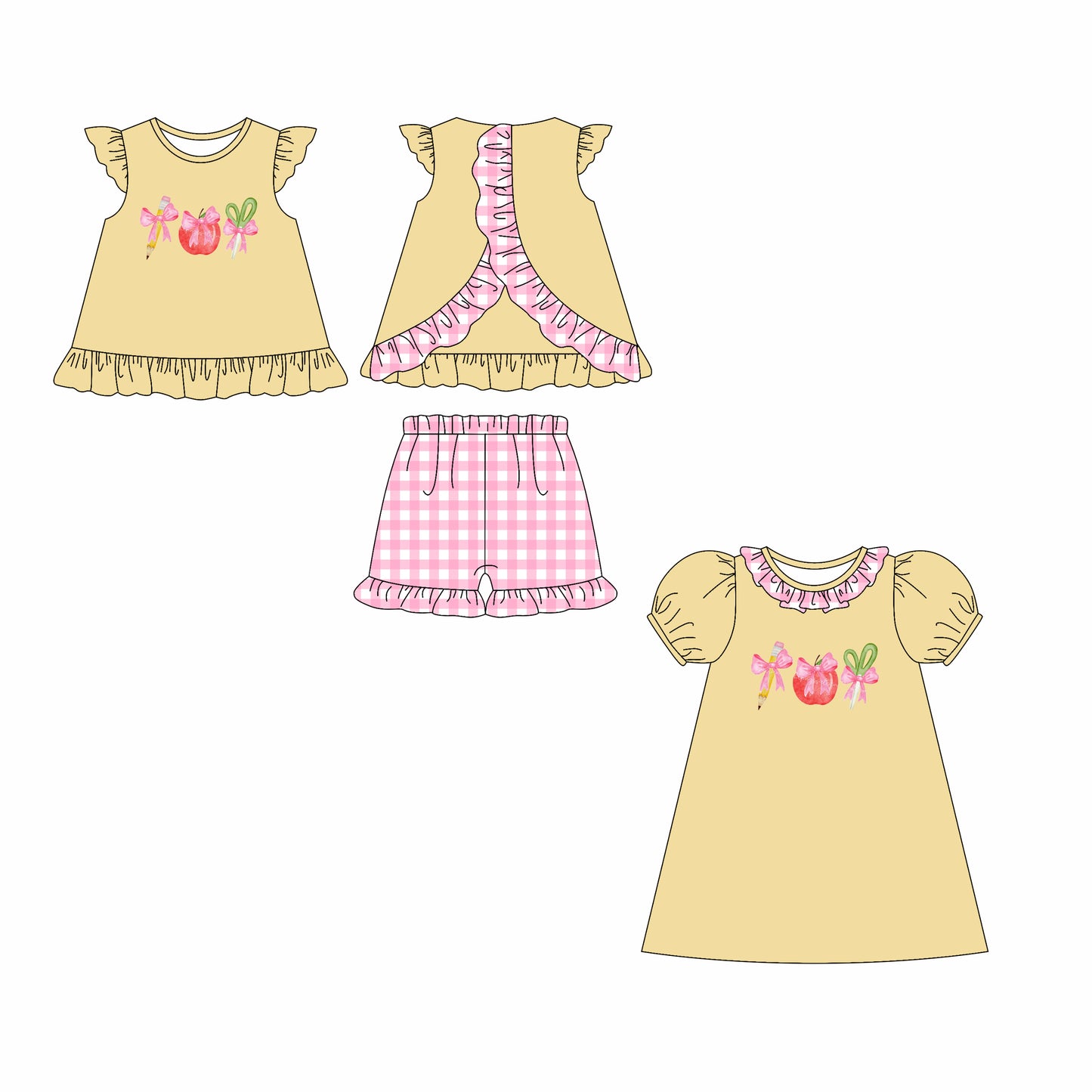 2.21 custom each style moq 5eta 4-6week Sibling Sister pencil bow baby girl short sleeve shorts sets and dresses match design