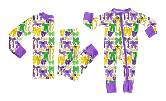 25.9.10 custom each style moq 5eta 4-6week Sibling Sisters mardi gras bow purple baby girl clothes long sleeve pants sets and romper match family design
